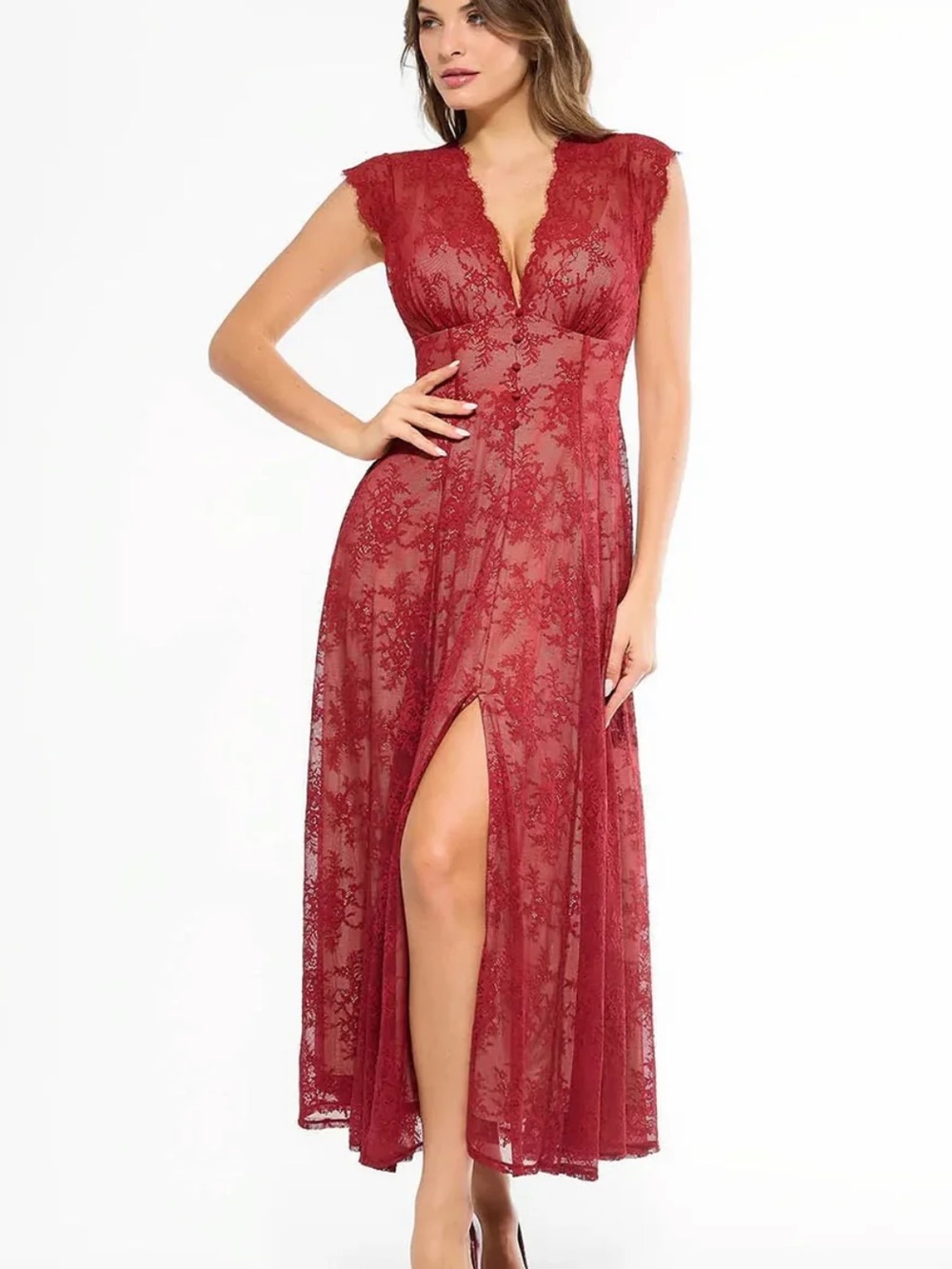 Popilush Shapewear  Floral Lace Front Slit Maxi Dress built in Shapewear